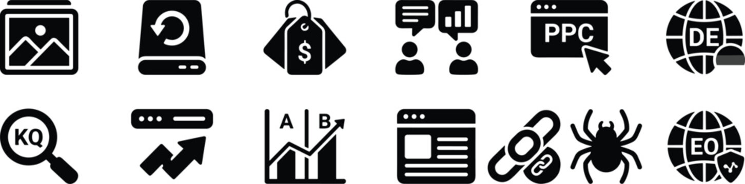 Search Engine Optimization and Digital Marketing Black Glyph Icon Set Featuring PPC Advertising, Web Data Analytics, and Online Advertising Management