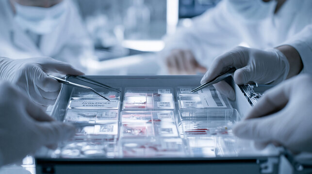 Hands of scientists in lab coats handling evidence in a forensic lab setting.