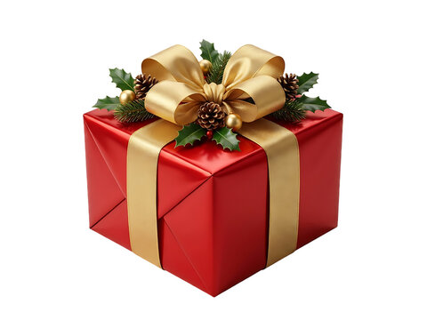 Red Christmas Gift Box with Gold Ribbon and Holly Isolated