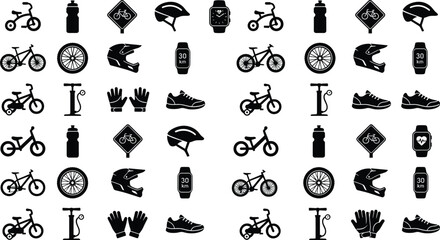 Bicycle accessories and cycling equipment black silhouette icon set isolated on white background © Durbogono