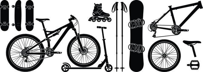 Extreme sports equipment and outdoor activities black silhouette vector icon set isolated on white background © Durbogono