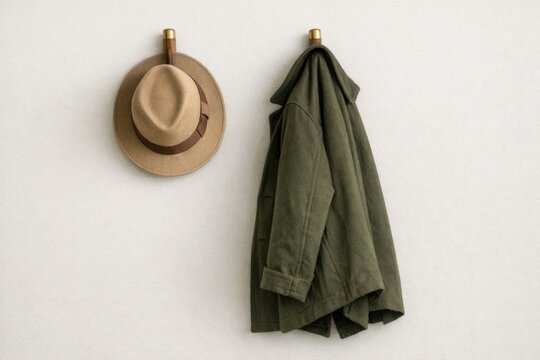 A pair of coat and hat hanging on a wall, perhaps waiting for their owner to return