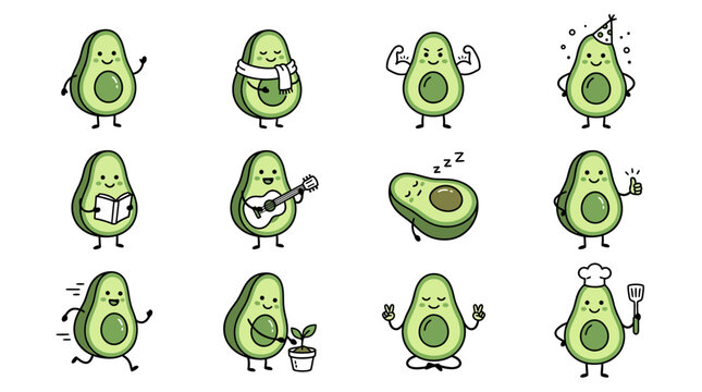 Cartoon avocado characters illustrate various emotions and actions on Sunday.