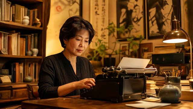 Mature Asian Female Writer Working on a Classic Vintage Typewriter in a Cozy Home Library