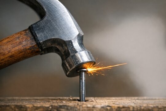 A hammer striking a nail with sparks flying off