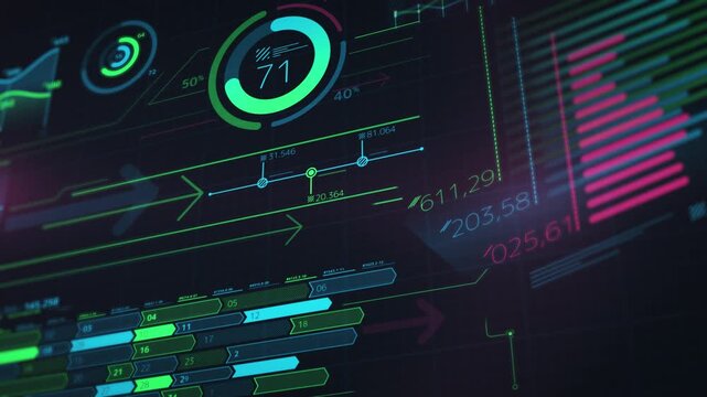 Stream of animated graphs and charts processing different kinds of data
