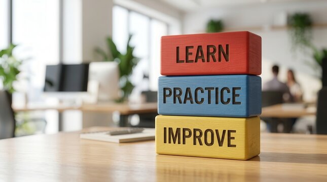 Professional growth through practice and dedication shown by stacked educational blocks.