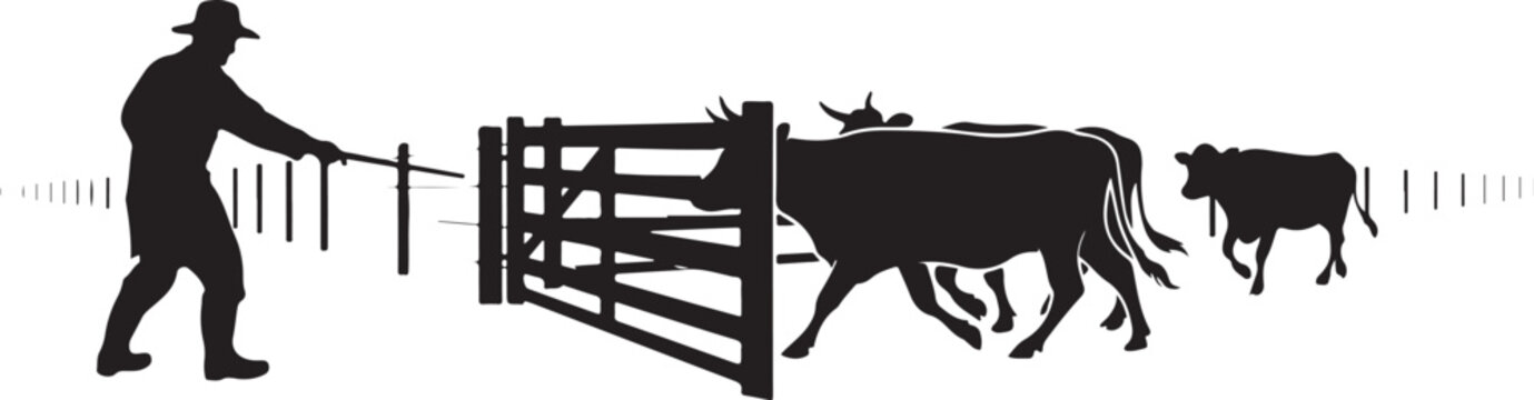Silhouette of a rancher herding cattle through a gate cowboy