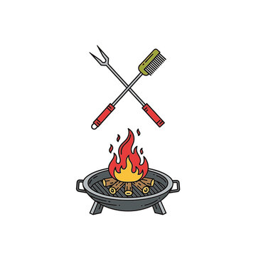 Minimalist flat vector illustration of outdoor BBQ gear featuring a charcoal grill with burning logs and fire, plus crossed metal barbecue fork and grill brush tool on white background.