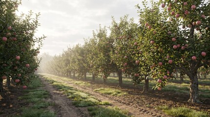 Fototapeta premium Sunlight pierces through the morning mist, illuminating rows of bountiful apple trees laden with ripe, red fruit in a serene orchard setting