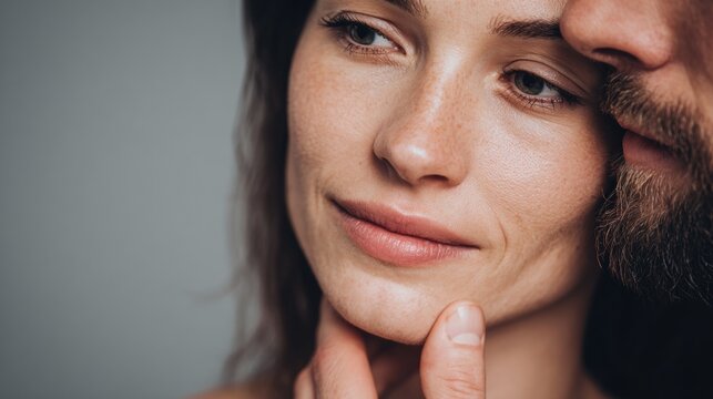 Intimacy and emotional connection between a couple, with a man s hand gently touching a woman s chin. The focus is on their faces, conveying a sense of trust and serenity.