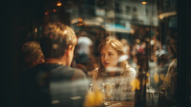 This captures a couple on a date inside a cafe, viewed through a window with reflections of the bustling city street outside. It is themes of relationships, leisure, and city experiences.