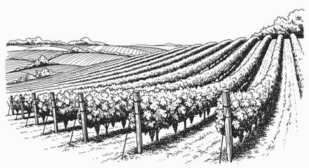 Naklejka premium Hand-drawn ink sketch of a vineyard on rolling hills with rows of grapevines on trellises, agricultural landscape with trees and fields in background, black and white line art.