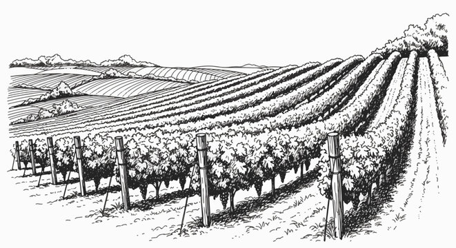 Hand-drawn ink sketch of a vineyard on rolling hills with rows of grapevines on trellises, agricultural landscape with trees and fields in background, black and white line art.