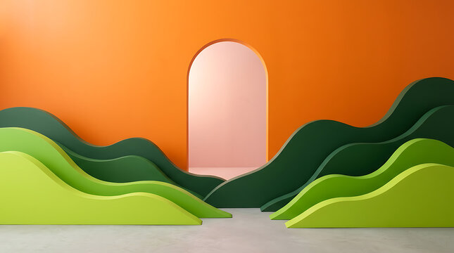 Abstract landscape background with green wavy hills and orange wall arch