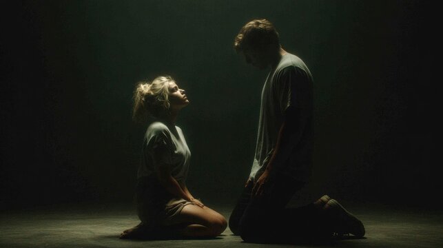 Relationship conflict and emotional distress between a couple. A man and a woman are kneeling in a dark, low key setting, facing each other with expressions of sadness and despair.
