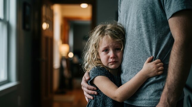 Emotional moment of a child clinging to her father amidst family divorce and division.