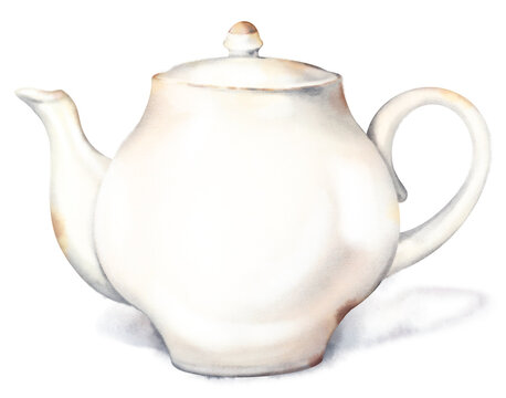 Delicate watercolor hand drawn illustration of white teapot, brown age spots, soft shadow, isolated on white background. Clean simple light toned object for kitchen decor, tea, country design