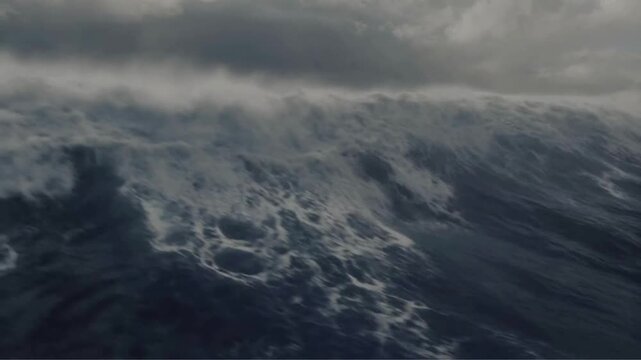Large, deep-blue ocean waves are breaking. They feature white, foamy crests and turbulent water.