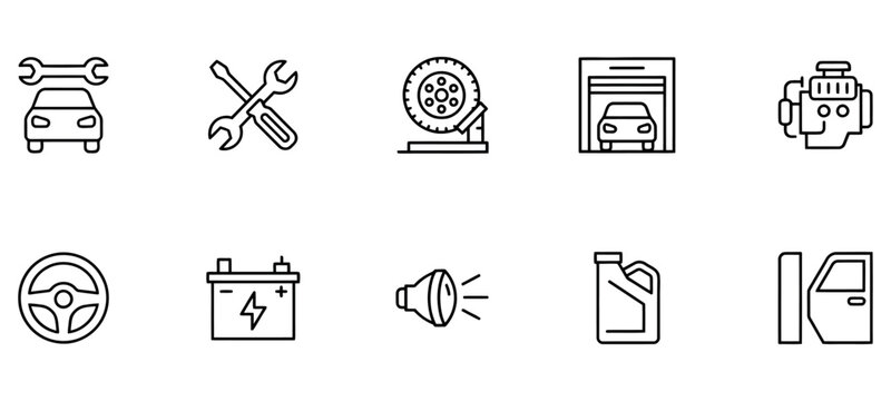 Automotive repair and car maintenance line icons for garage services and vehicle mechanics.