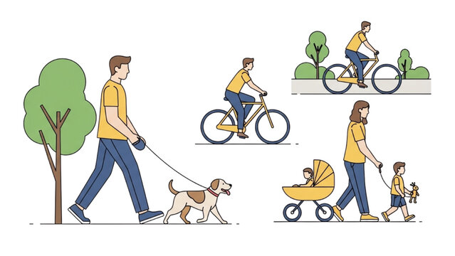 Man walking dog, riding bike, pushing stroller in park with family
