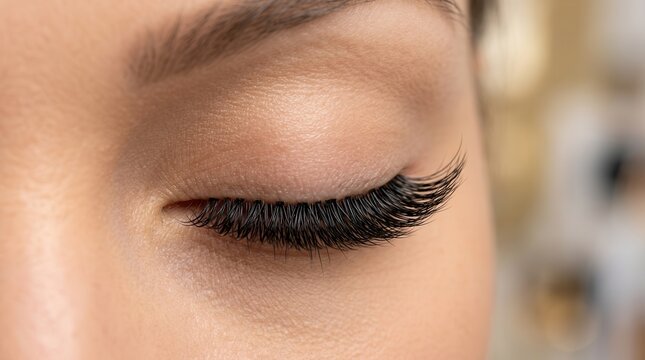Professional eyelash extension cluster application on a closed eye with dramatic length.
