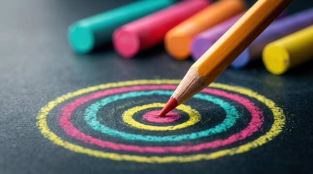 Concept of balancing ambition and capacity using a colorful chalk target and pencil.