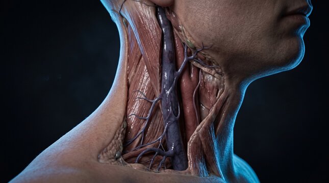3D Illustration of Human Neck Anatomy Showing Muscles Blood Vessels and Soft Tissues