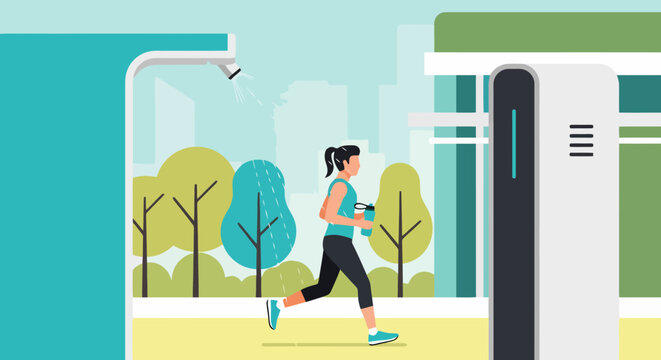 Woman running with water bottle in a park setting.
