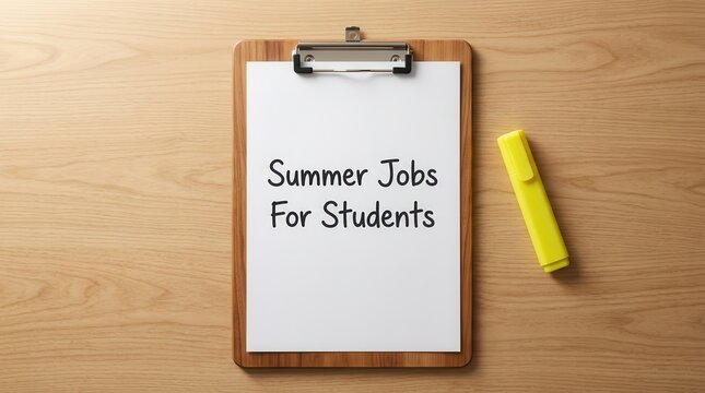 A clipboard with handwritten text about summer jobs for students and a yellow highlighter for seasonal work.