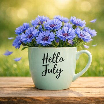 Light green mug with blue cornflowers and text &ldquo;Hello July&rdquo; on wooden table outdoors, summer greeting concept, seasonal floral composition. Typography, postcards, and calendars.