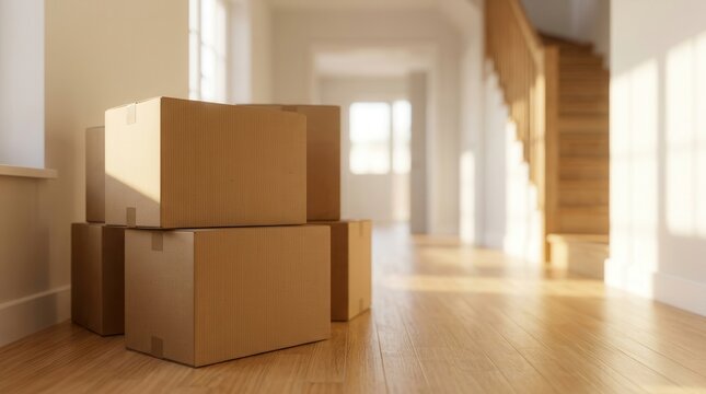 Relocation concept featuring cardboard boxes in an empty sunlit house.