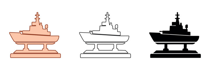 Set of three stylized warship illustrations in different color schemes and outlines © Ophelia
