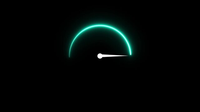 Glowing Neon Speedometer Icon on Black Background with Digital Speed Meter Animation for Dashboard Interface and Technology Design