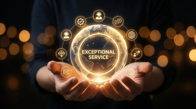 Providing a positive and helpful customer experience with exceptional service icons and a glowing earth.