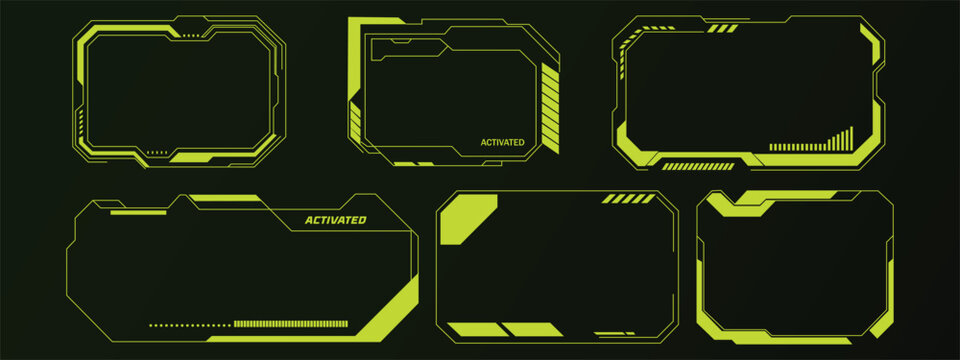 HUD futuristic cyberpunk frame and ui border set. Vector illustration of realistic neon sci-fi technology flat token, colorful digital gaming screen panel alert template on dark background.