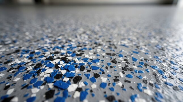 Close up of a gray epoxy texture containing blue, black, and white plastic flakes.