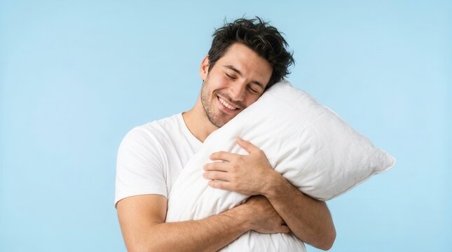 Happy guy feeling relaxed after a good sleep while embracing a soft pillow.