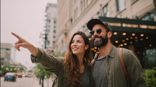 This depicts a happy couple exploring a city street, with the woman pointing towards something in the distance. They are enjoying their travel and sightseeing experience.