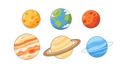 Cartoon planet icons set with Earth and ringed planets © icon_art