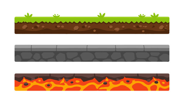 Cartoon seamless ground, stone road, and lava platform set