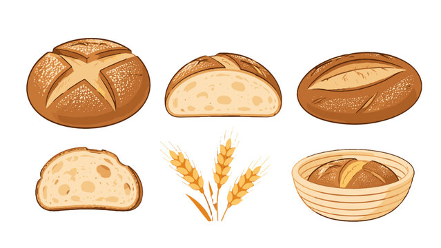 Set of artisan bread loaves slices wheat and proofing basket
