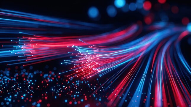 Glowing red and blue fiber optic lines representing high-speed digital data flow.