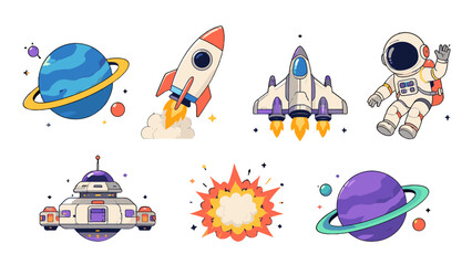 Cartoon space elements set with planets rockets astronaut and explosion © icon_art