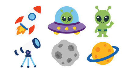 Cute cartoon space icon set with rocket, alien, UFO and planet © icon_art