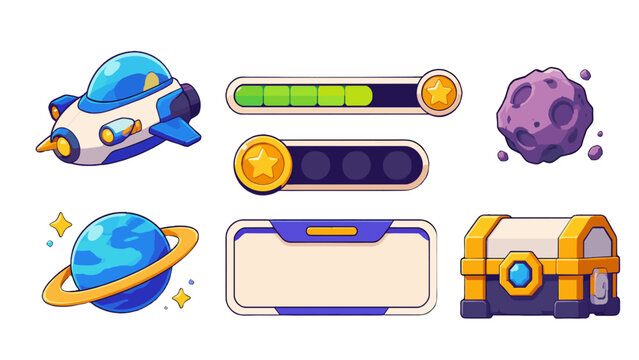 Cartoon space game interface elements and icons vector set