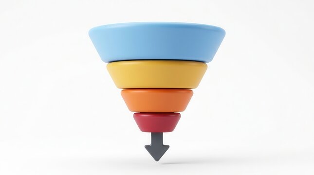 A layered 3D sales funnel illustration for lead generation and business process flow.