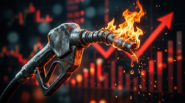 Symbolic image of soaring fuel prices featuring a flaming gas nozzle and financial market charts.