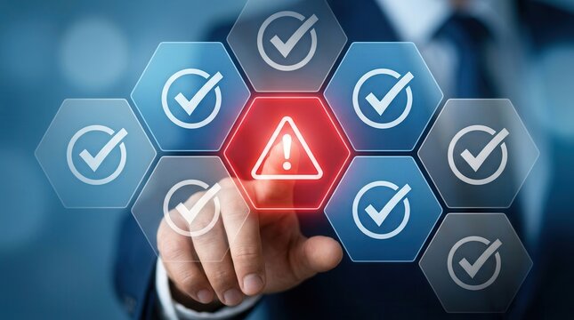 Risk and contingency management concept featuring a hand touching a triangle error warning symbol.