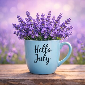 Light blue mug with lavender flowers and text &ldquo;Hello July&rdquo; on wooden table outdoors, summer greeting concept, seasonal floral composition. Typography, postcards, and calendars.